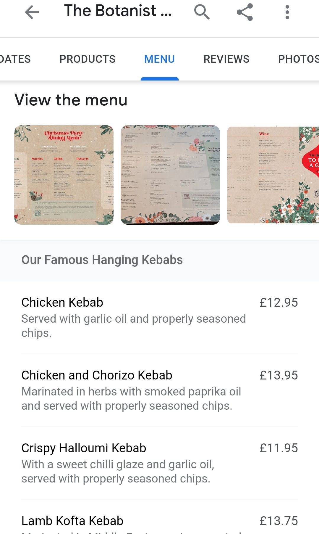 A menu displayed on a business listing