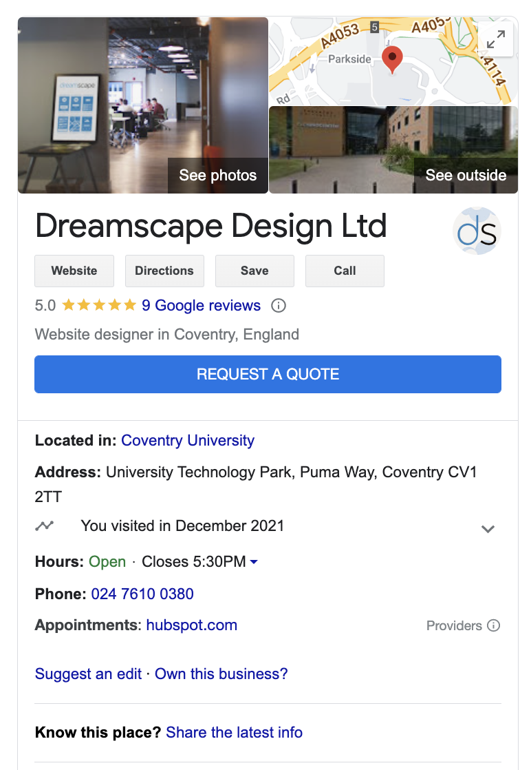 Dreamscape Business Profile displayed on Google